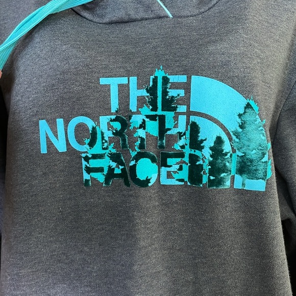 The North Face Women’s Gray Green Logo Graphic Pullover Sweatshirt Hoodie medium - Picture 2 of 5